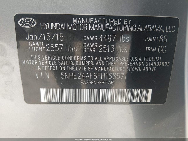 45737885 :رقم المزاد ، 5NPE24AF6FH168571 vin ، 2015 Hyundai Sonata Se مزاد بيع