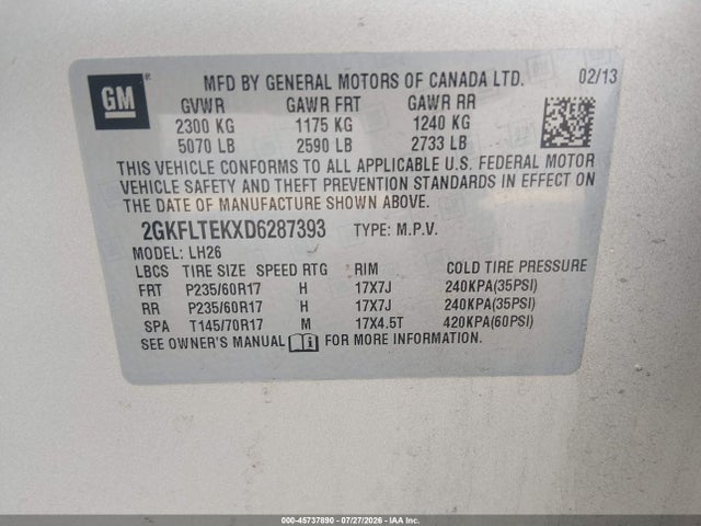 Aukcja sprzedaży 2013 Gmc Terrain Sle-2, vin: 2GKFLTEKXD6287393, numer aukcji: 45737890