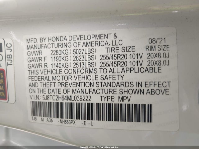 Продажа на аукционе авто 2021 Acura Rdx A-spec Package, vin: 5J8TC2H64ML039222, номер лота: 45737896