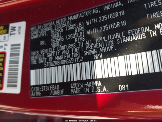 Продаж на аукціоні авто 2021 Toyota Highlander Xle, vin: 5TDGZRBH0MS550152, номер лоту: 45737898