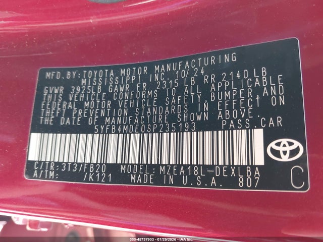 45737903 :رقم المزاد ، 5YFB4MDE0SP235193 vin ، 2025 Toyota Corolla Le مزاد بيع