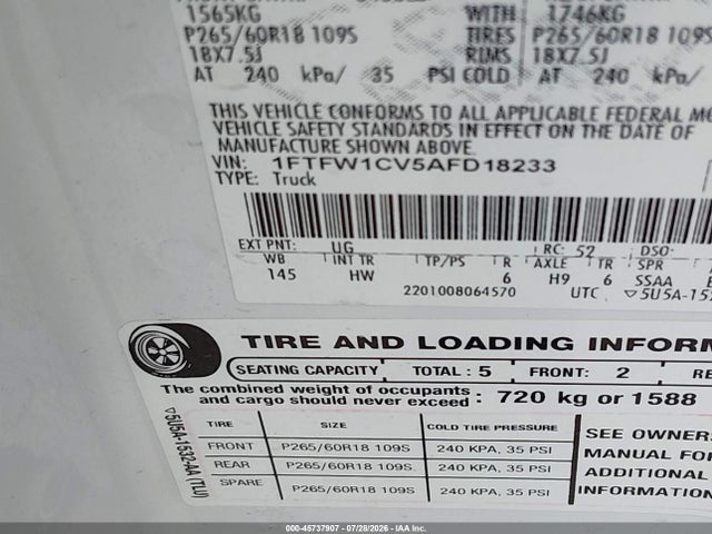 Продаж на аукціоні авто 2010 Ford F-150 Fx2 Sport/harley-davidson/king Ranch/lariat/platinum/xl/xlt, vin: 1FTFW1CV5AFD18233, номер лоту: 45737907