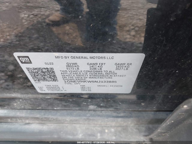 Продаж на аукціоні авто 2022 Chevrolet Traverse Awd Lt Leather, vin: 1GNEVHKW5NJ133885, номер лоту: 45737912
