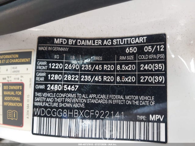 Продажа на аукционе авто 2012 Mercedes-benz Glk 350 4matic, vin: WDCGG8HBXCF922141, номер лота: 45737915