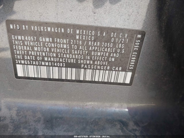 Aukcja sprzedaży 2021 Volkswagen Golf 1.4t Tsi, vin: 3VWG57AU7MM014083, numer aukcji: 45737929