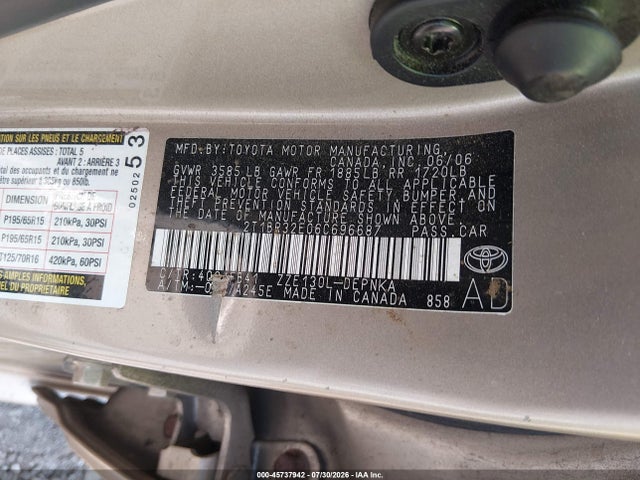 45737942 :رقم المزاد ، 2T1BR32E06C696687 vin ، 2006 Toyota Corolla Le مزاد بيع