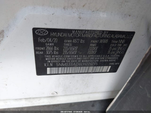 Продаж на аукціоні авто 2020 Hyundai Santa Fe Sel, vin: 5NMS33AD6LH223795, номер лоту: 45737945