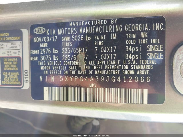 Продаж на аукціоні авто 2018 Kia Sorento 2.4l L, vin: 5XYPG4A39JG412066, номер лоту: 45737954