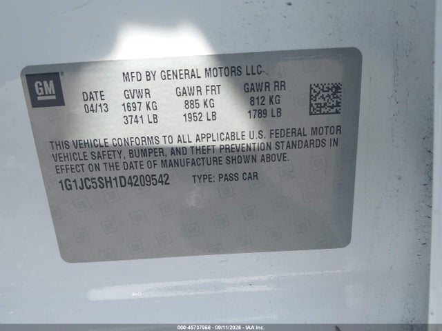 45737966 :رقم المزاد ، 1G1JC5SH1D4209542 vin ، 2013 Chevrolet Sonic Lt Auto مزاد بيع