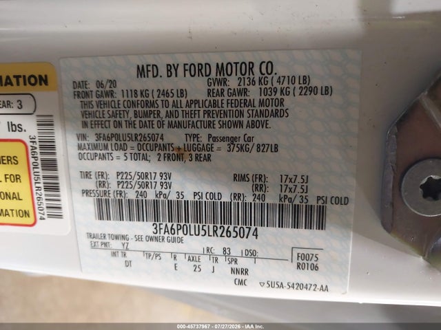 Продаж на аукціоні авто 2020 Ford Fusion Hybrid Se, vin: 3FA6P0LU5LR265074, номер лоту: 45737967