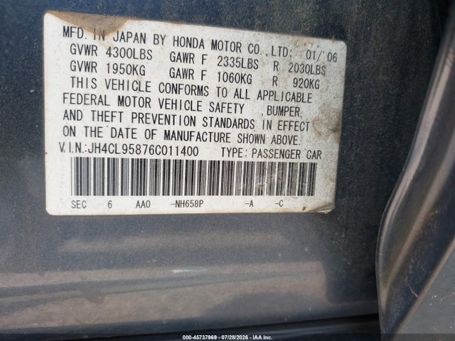 Продажа на аукционе авто 2006 Acura Tsx, vin: JH4CL95876C011400, номер лота: 45737969