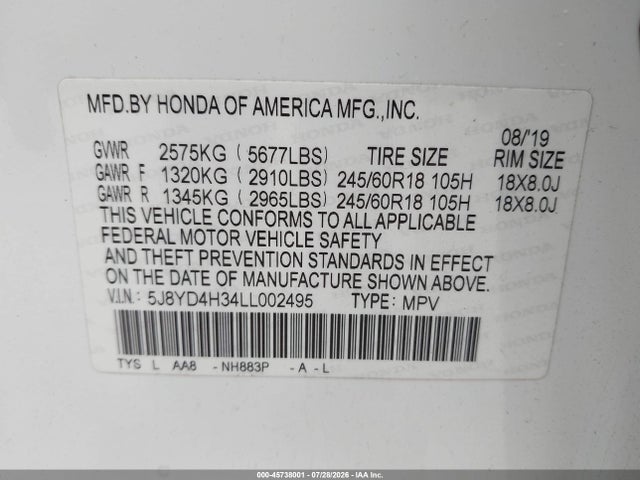 2020 Acura Mdx Standard მანქანა იყიდება აუქციონზე, vin: 5J8YD4H34LL002495, აუქციონის ნომერი: 45738001