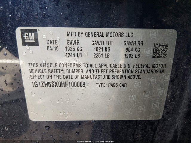 Aukcja sprzedaży 2017 Chevrolet Malibu Premier, vin: 1G1ZH5SX0HF100009, numer aukcji: 45738008