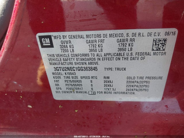 Aukcja sprzedaży 2016 Gmc Sierra 1500 Slt, vin: 3GTU2NEC1GG363845, numer aukcji: 45738013