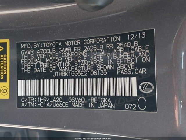 Aukcja sprzedaży 2014 Lexus Es 350, vin: JTHBK1GG5E2108135, numer aukcji: 45738018