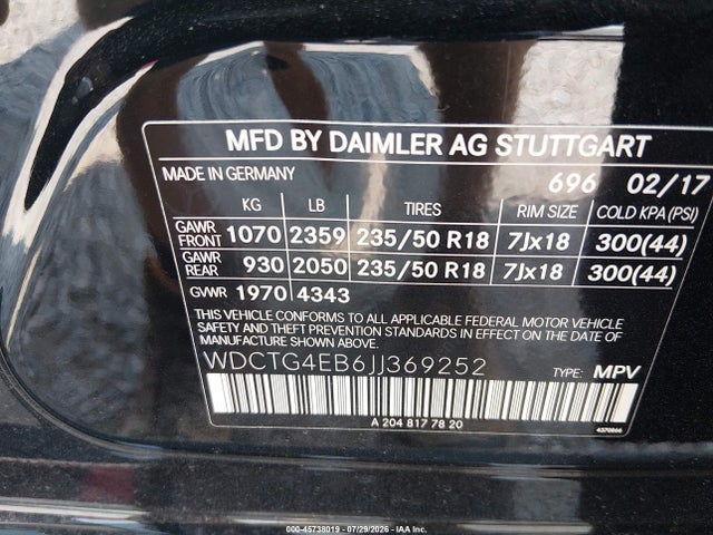 WDCTG4EB6JJ369252 Mercedes-Benz GLA 250