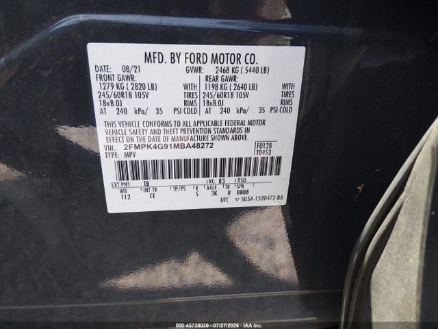 Продаж на аукціоні авто 2021 Ford Edge Se, vin: 2FMPK4G91MBA48272, номер лоту: 45738030