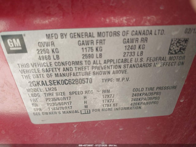 Aukcja sprzedaży 2012 Gmc Terrain Sle-2, vin: 2GKALSEK0C6280570, numer aukcji: 45738057