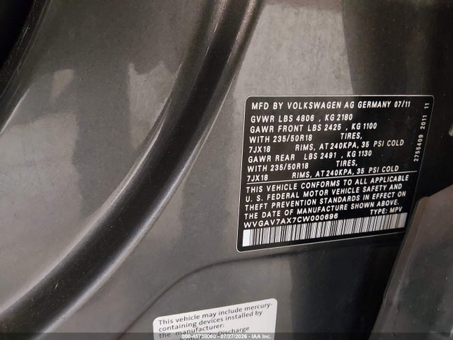 2012 Volkswagen Tiguan Se მანქანა იყიდება აუქციონზე, vin: WVGAV7AX7CW000696, აუქციონის ნომერი: 45738060