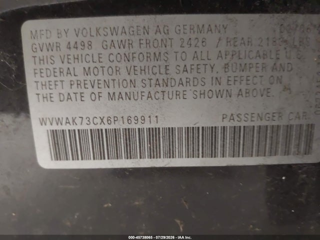Продаж на аукціоні авто 2006 Volkswagen Passat 2.0t, vin: WVWAK73CX6P169911, номер лоту: 45738065