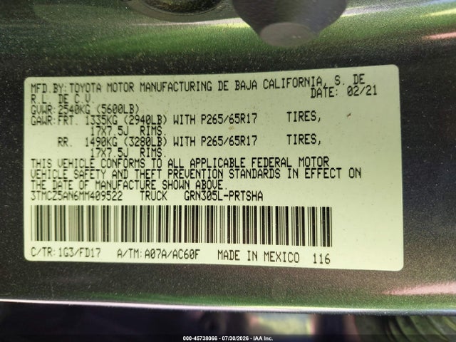 45738066 :رقم المزاد ، 3TMCZ5AN6MM409522 vin ، 2021 Toyota Tacoma Trd Sport مزاد بيع