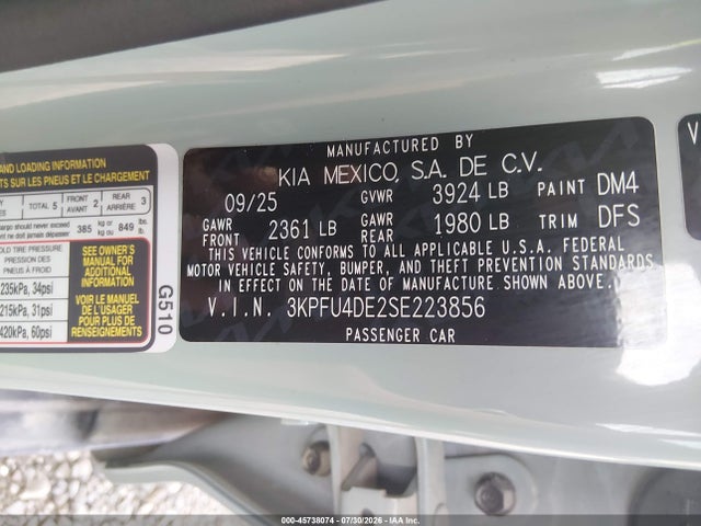 Aukcja sprzedaży 2025 Kia K4 Ex, vin: 3KPFU4DE2SE223856, numer aukcji: 45738074