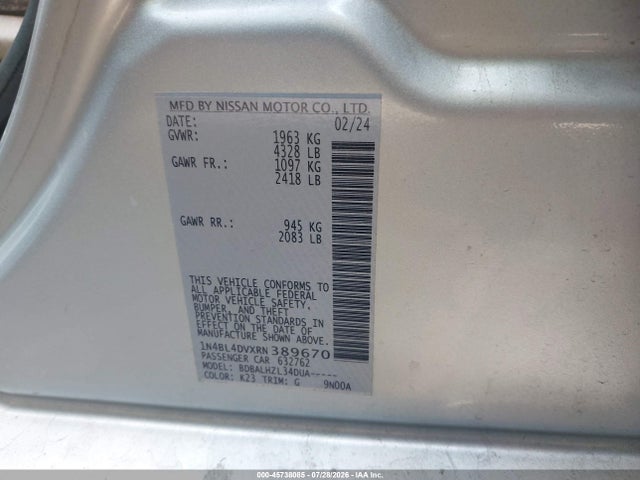 Продаж на аукціоні авто 2024 Nissan Altima Sv Fwd, vin: 1N4BL4DVXRN389670, номер лоту: 45738085