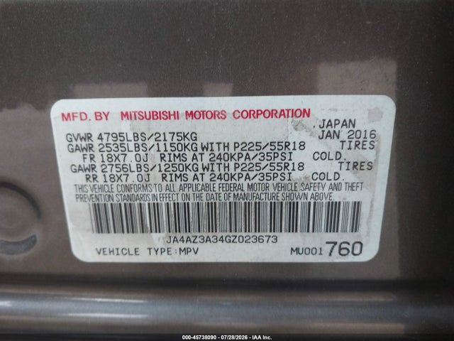 Aukcja sprzedaży 2016 Mitsubishi Outlander Se, vin: JA4AZ3A34GZ023673, numer aukcji: 45738090