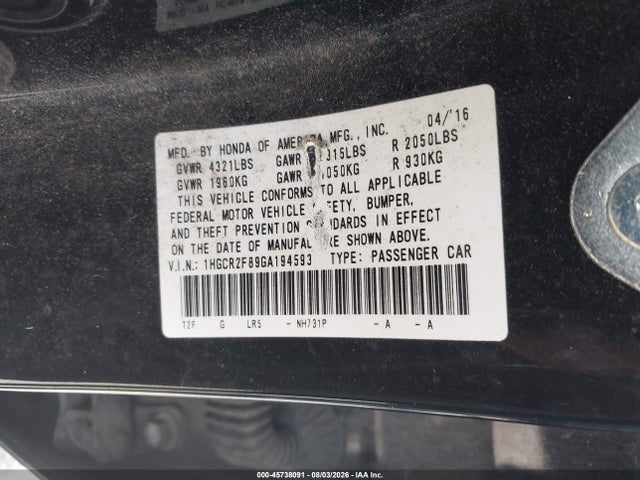 Продаж на аукціоні авто 2016 Honda Accord Ex-l, vin: 1HGCR2F89GA194593, номер лоту: 45738091