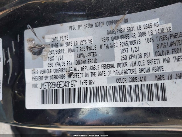 45738098 :رقم المزاد ، JM3TB2BV6E0431971 vin ، 2014 Mazda Cx-9 Sport مزاد بيع