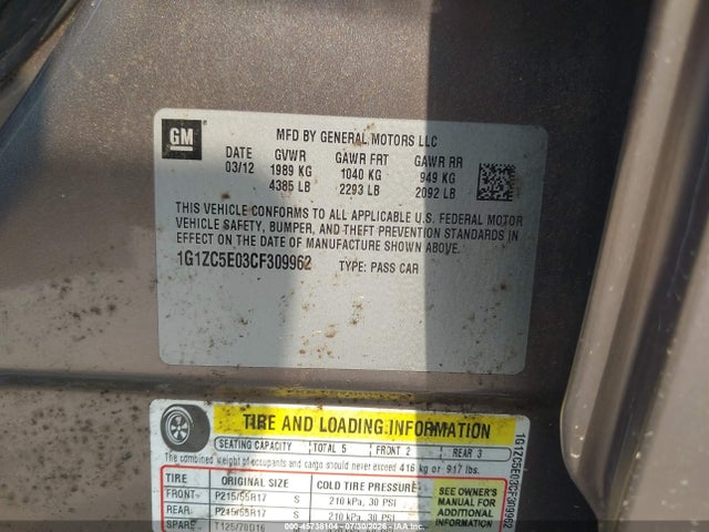 45738104 :رقم المزاد ، 1G1ZC5E03CF309962 vin ، 2012 Chevrolet Malibu 1lt مزاد بيع
