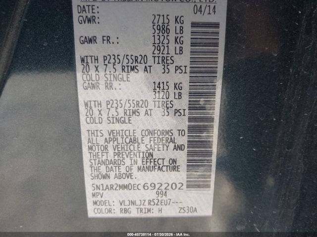 Nissan Pathfinder Platinum 2014 5N1AR2MM0EC692202 Image 9