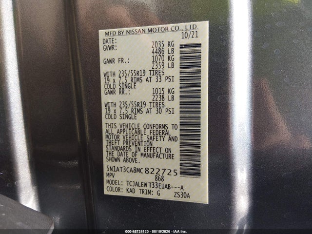 45738120 :رقم المزاد ، 5N1AT3CA8MC822725 vin ، 2021 Nissan Rogue Sl Fwd مزاد بيع