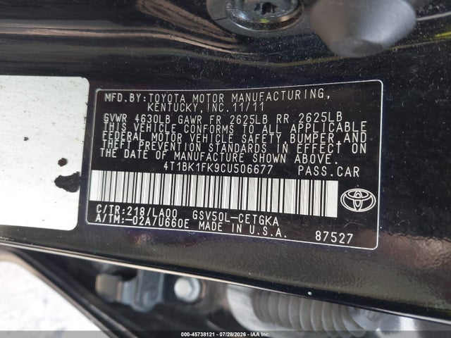 Продажа на аукционе авто 2012 Toyota Camry Xle V6, vin: 4T1BK1FK9CU506677, номер лота: 45738121