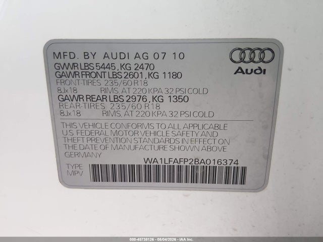 Aukcja sprzedaży 2011 Audi Q5 2.0t Premium, vin: WA1LFAFP2BA016374, numer aukcji: 45738126