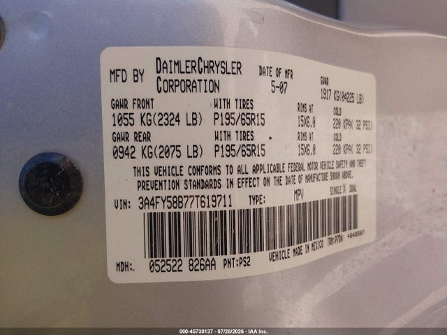 Aukcja sprzedaży 2007 Chrysler Pt Cruiser Touring, vin: 3A4FY58B77T619711, numer aukcji: 45738137