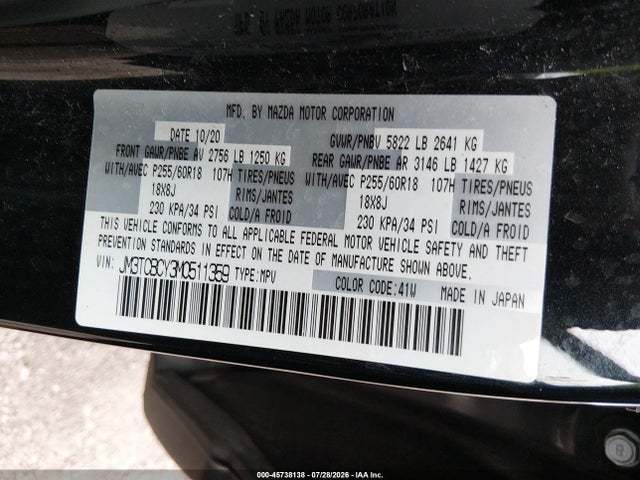 Aukcja sprzedaży 2021 Mazda Cx-9 Touring, vin: JM3TCBCY3M0511359, numer aukcji: 45738138