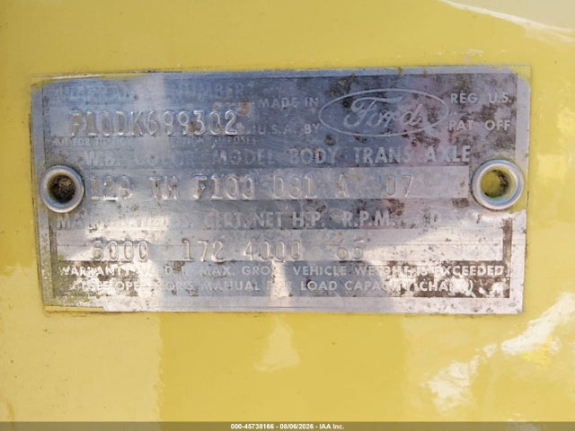 45738166 :رقم المزاد ، F10DK699302 vin ، 1965 Ford F100 مزاد بيع