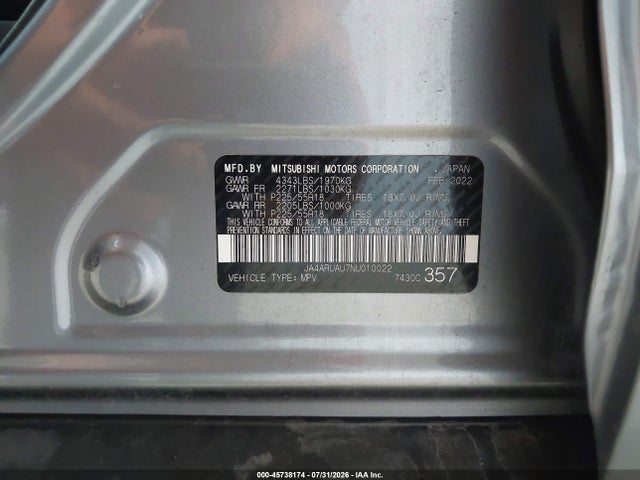 Aukcja sprzedaży 2022 Mitsubishi Outlander Sport 2.0 Es Awc, vin: JA4ARUAU7NU010022, numer aukcji: 45738174