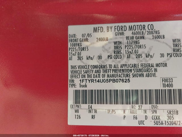 Продаж на аукціоні авто 2005 Ford Ranger Edge/stx/xl/xlt, vin: 1FTYR14U05PB07625, номер лоту: 45738178