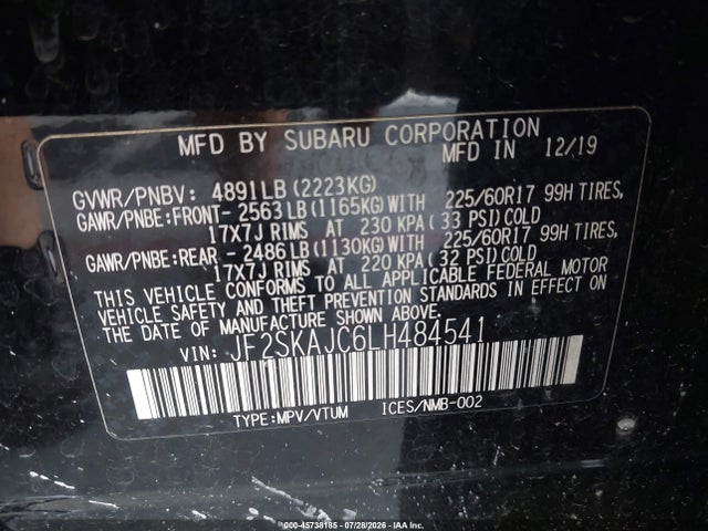 Продаж на аукціоні авто 2020 Subaru Forester Premium, vin: JF2SKAJC6LH484541, номер лоту: 45738185