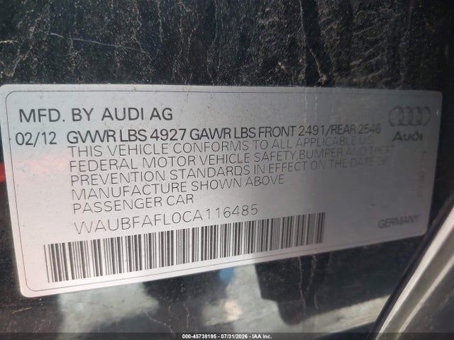 Продажа на аукционе авто 2012 Audi A4 2.0t Premium, vin: WAUBFAFL0CA116485, номер лота: 45738195