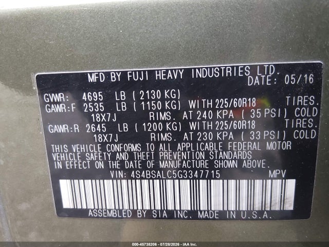 2016 Subaru Outback 2.5i Limited მანქანა იყიდება აუქციონზე, vin: 4S4BSALC5G3347715, აუქციონის ნომერი: 45738206