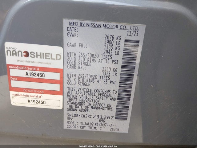 45738207 :رقم المزاد ، 5N1DR3CB2RC231267 vin ، 2024 Nissan Pathfinder Sl Fwd مزاد بيع