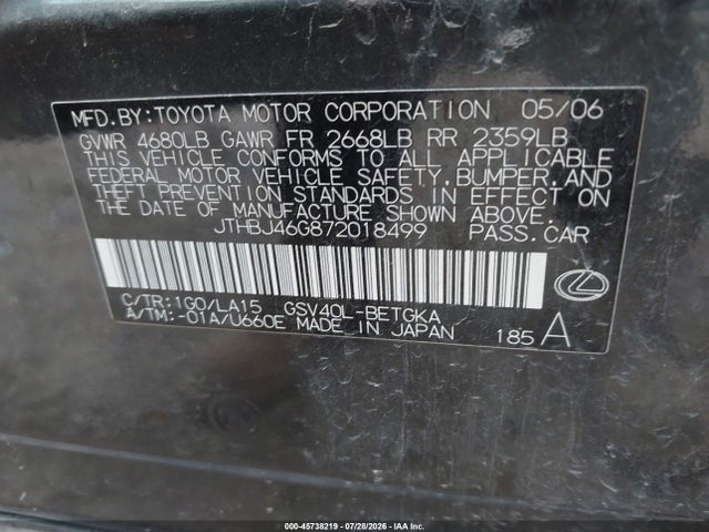 2007 Lexus Es 350 მანქანა იყიდება აუქციონზე, vin: JTHBJ46G872018499, აუქციონის ნომერი: 45738219