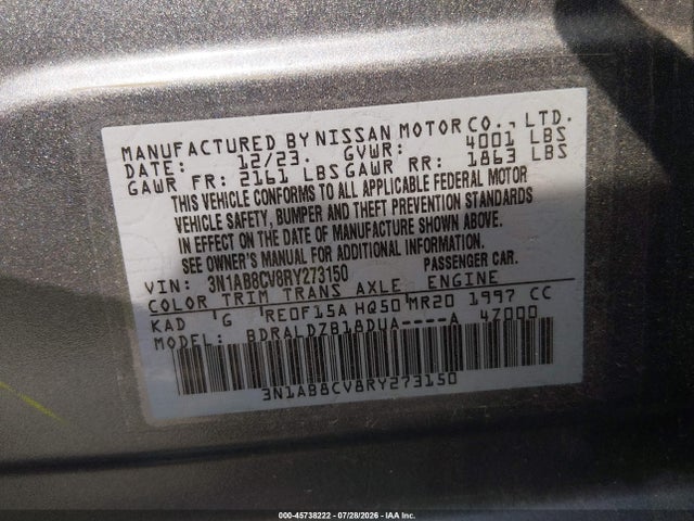 2024 Nissan Sentra Sv Xtronic Cvt მანქანა იყიდება აუქციონზე, vin: 3N1AB8CV8RY273150, აუქციონის ნომერი: 45738222