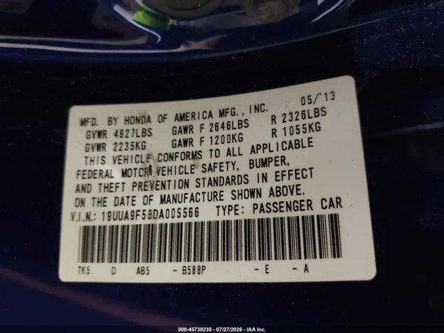 45738230 :رقم المزاد ، 19UUA9F58DA005566 vin ، 2013 Acura Tl 3.7 مزاد بيع
