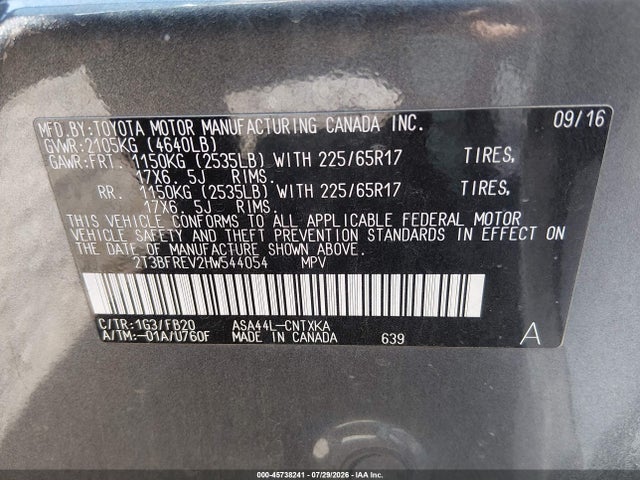 Aukcja sprzedaży 2017 Toyota Rav4 Le, vin: 2T3BFREV2HW544054, numer aukcji: 45738241