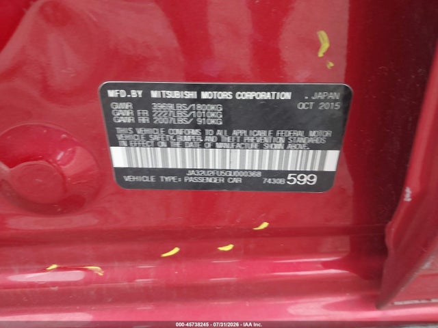 2016 Mitsubishi Lancer Es მანქანა იყიდება აუქციონზე, vin: JA32U2FU5GU000368, აუქციონის ნომერი: 45738245