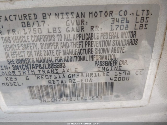 3N1CN7AP8JL805593 Nissan Versa 1.6 Sv